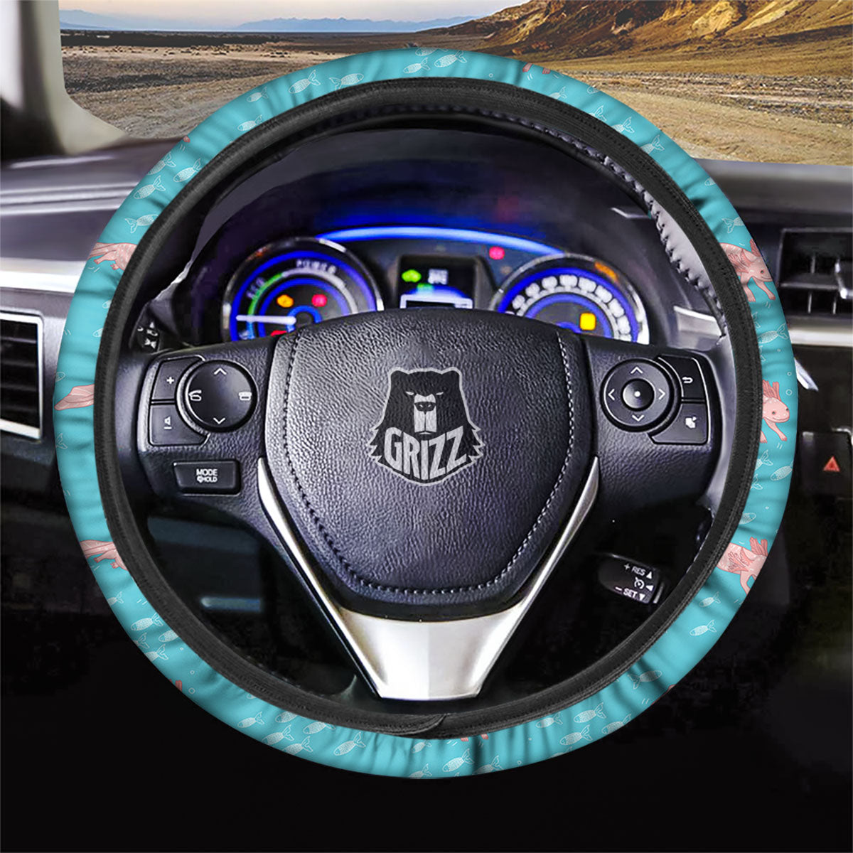 Pink Axolotl Teal Print Pattern Car Steering Wheel Cover-grizzshop