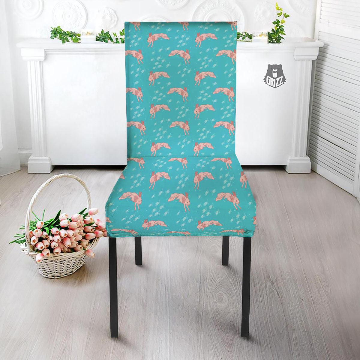 Pink Axolotl Teal Print Pattern Dining Chair Slipcover-grizzshop