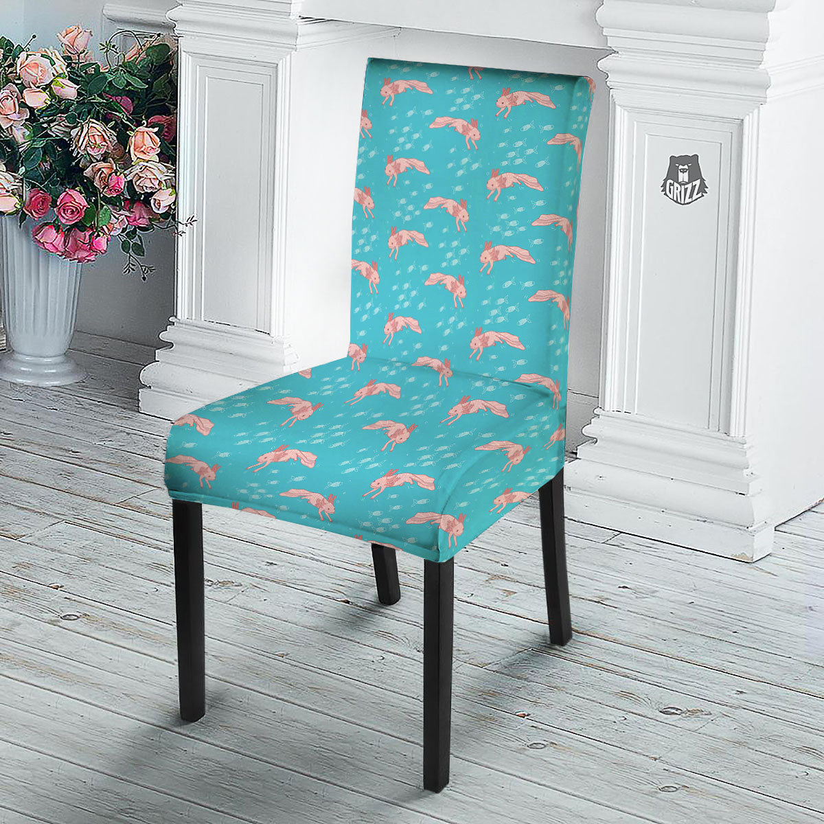 Pink Axolotl Teal Print Pattern Dining Chair Slipcover-grizzshop