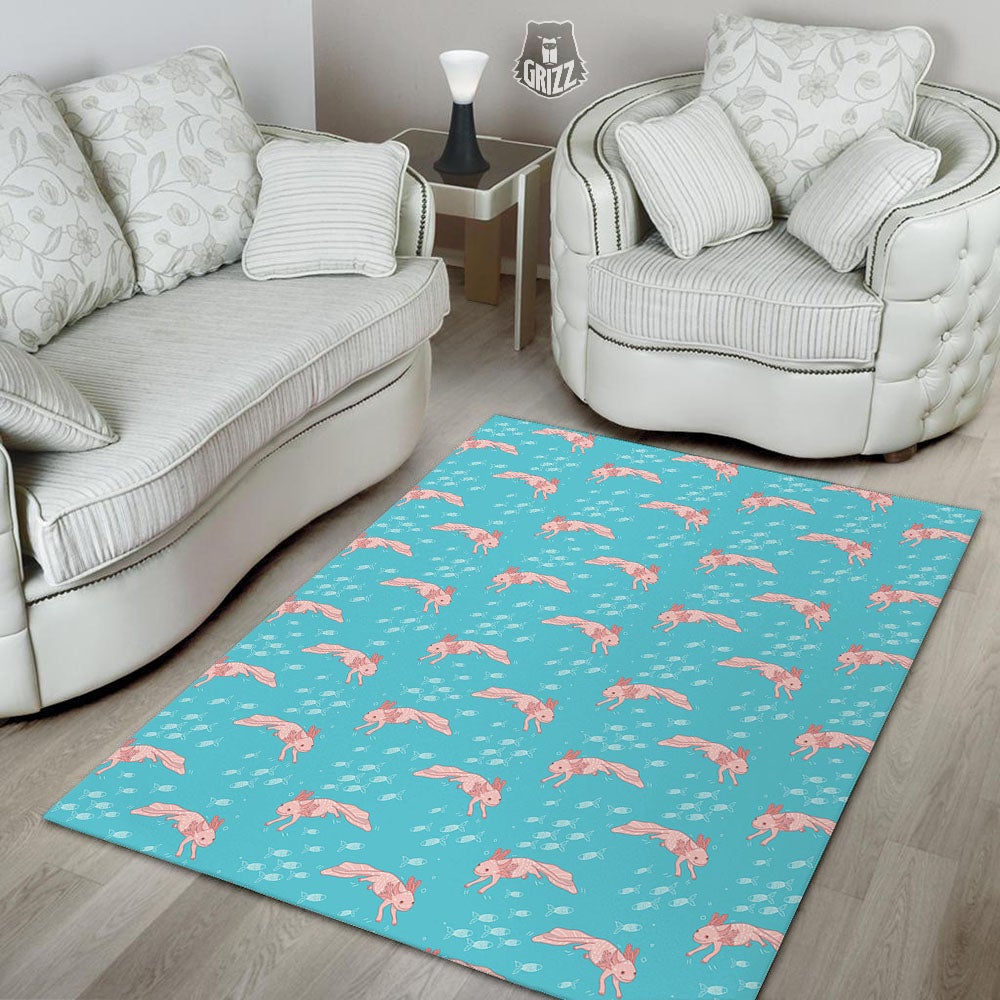 Pink Axolotl Teal Print Pattern Floor Mat-grizzshop