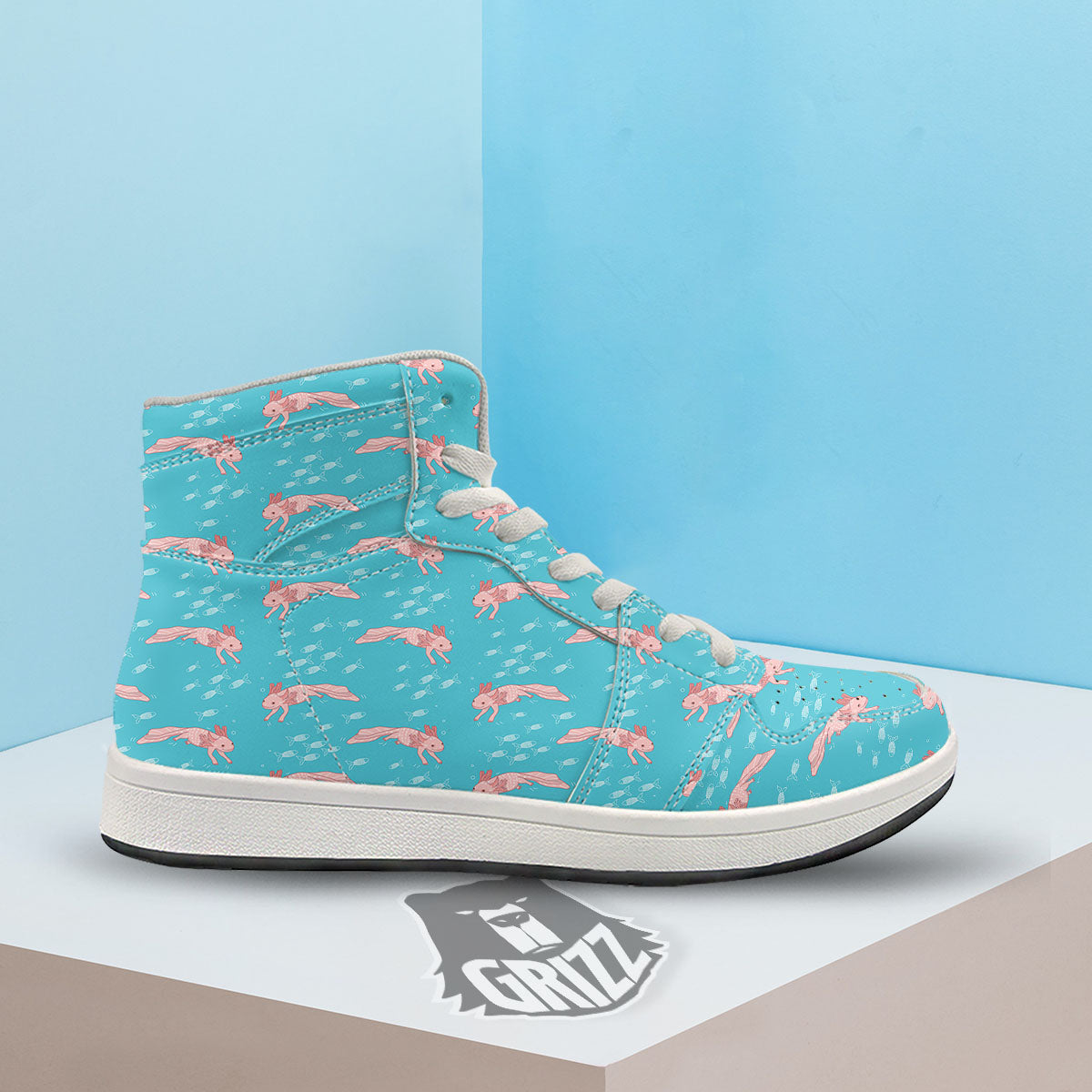 Pink Axolotl Teal Print Pattern High Top Sneakers-grizzshop