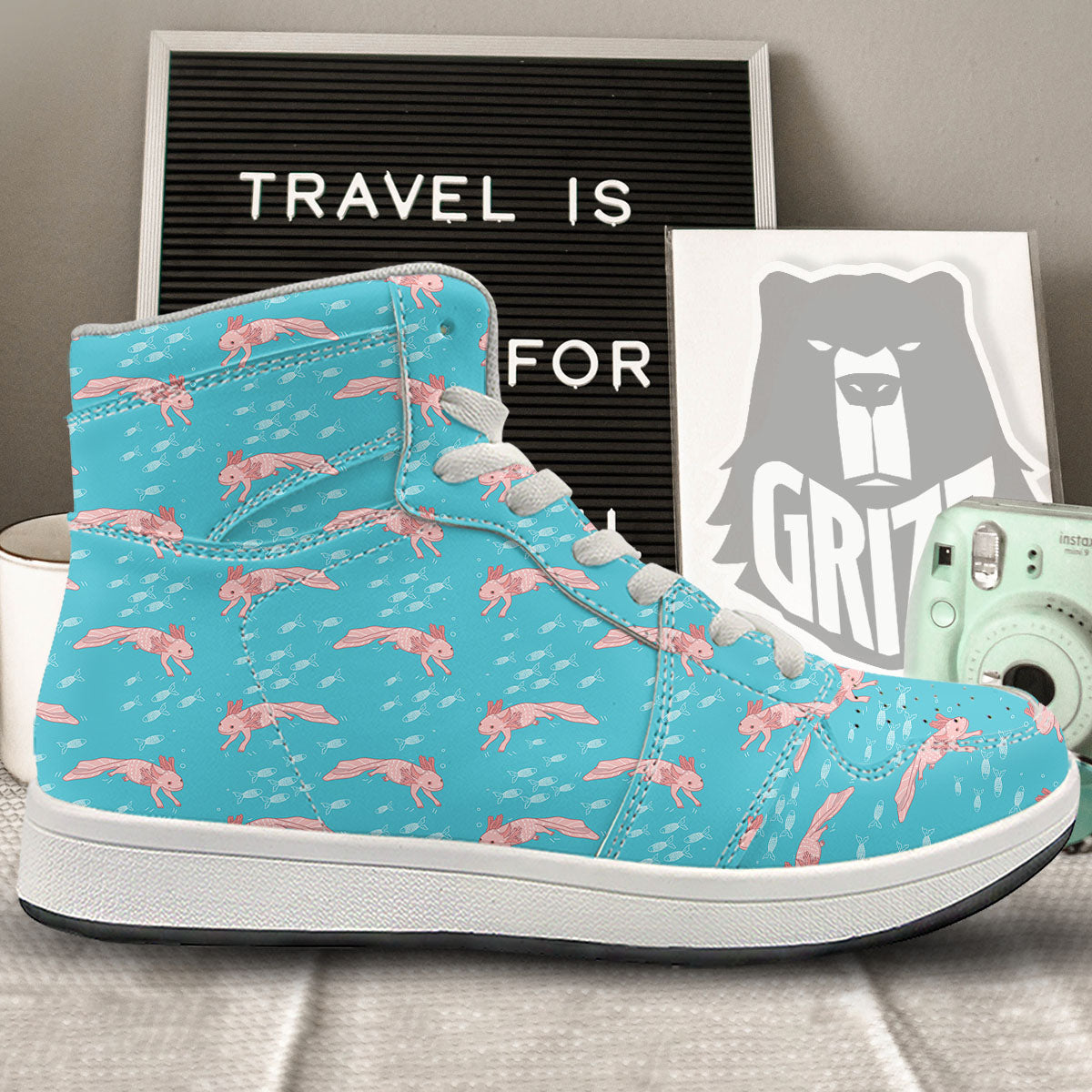 Pink Axolotl Teal Print Pattern High Top Sneakers-grizzshop
