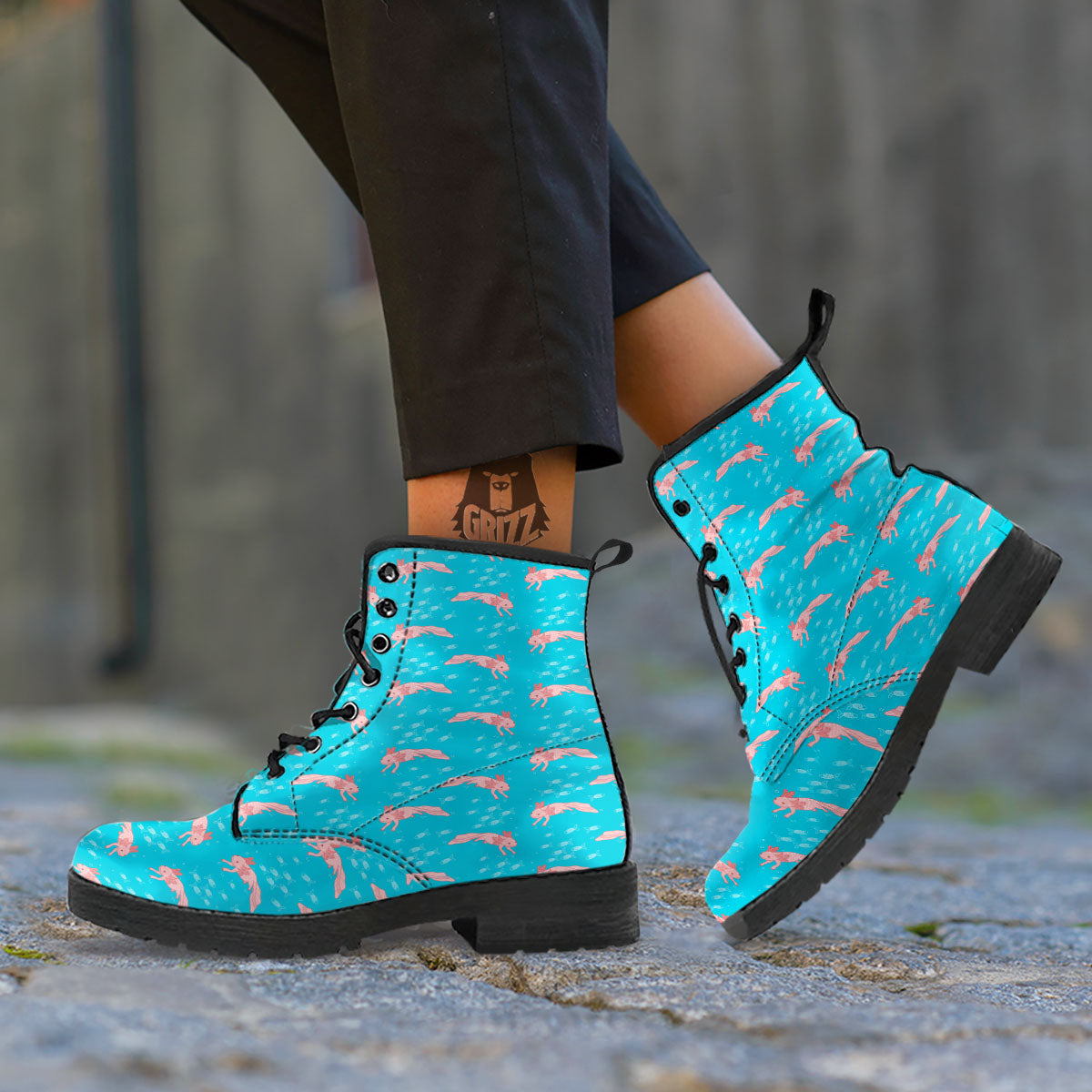 Pink Axolotl Teal Print Pattern Leather Boots-grizzshop
