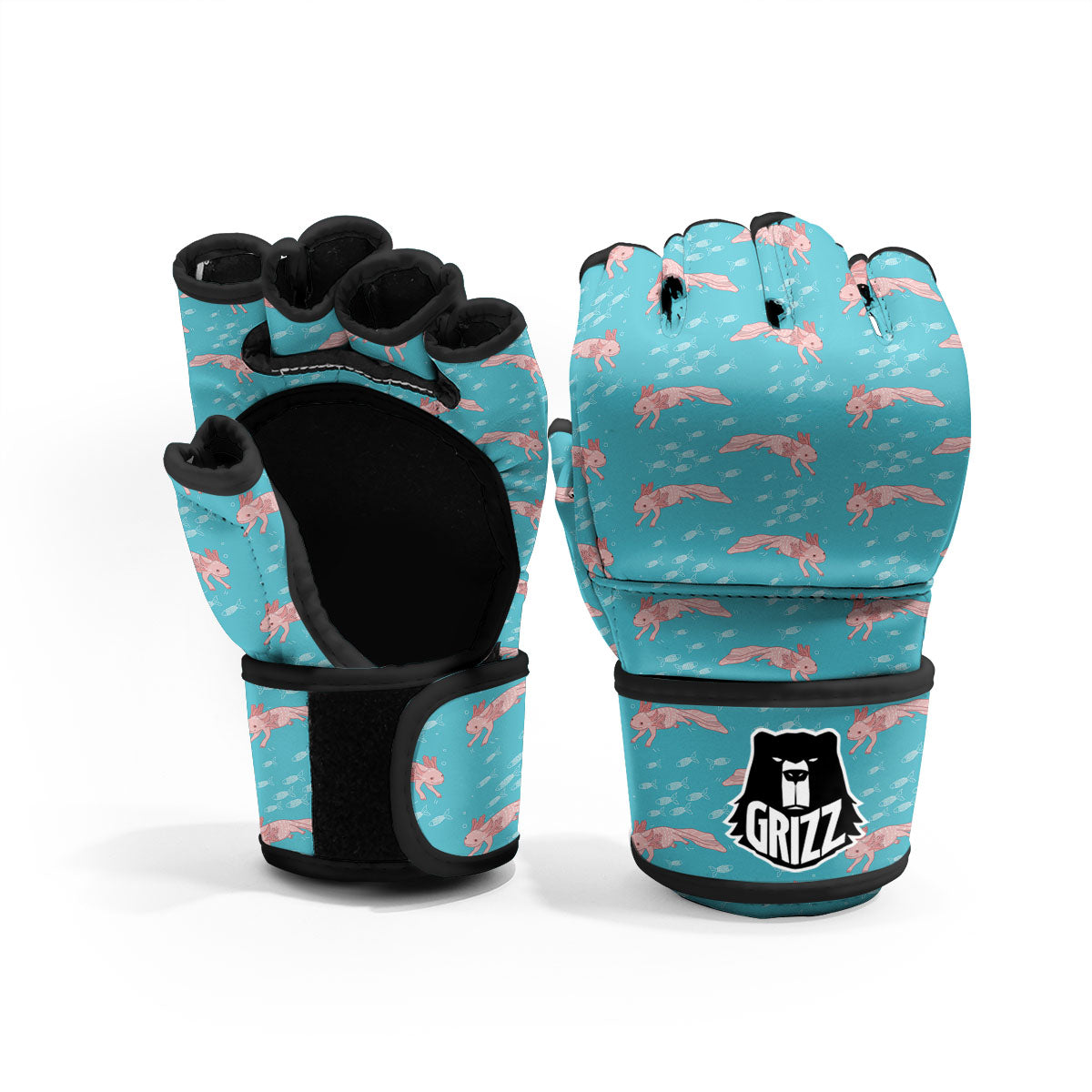 Pink Axolotl Teal Print Pattern MMA Gloves-grizzshop