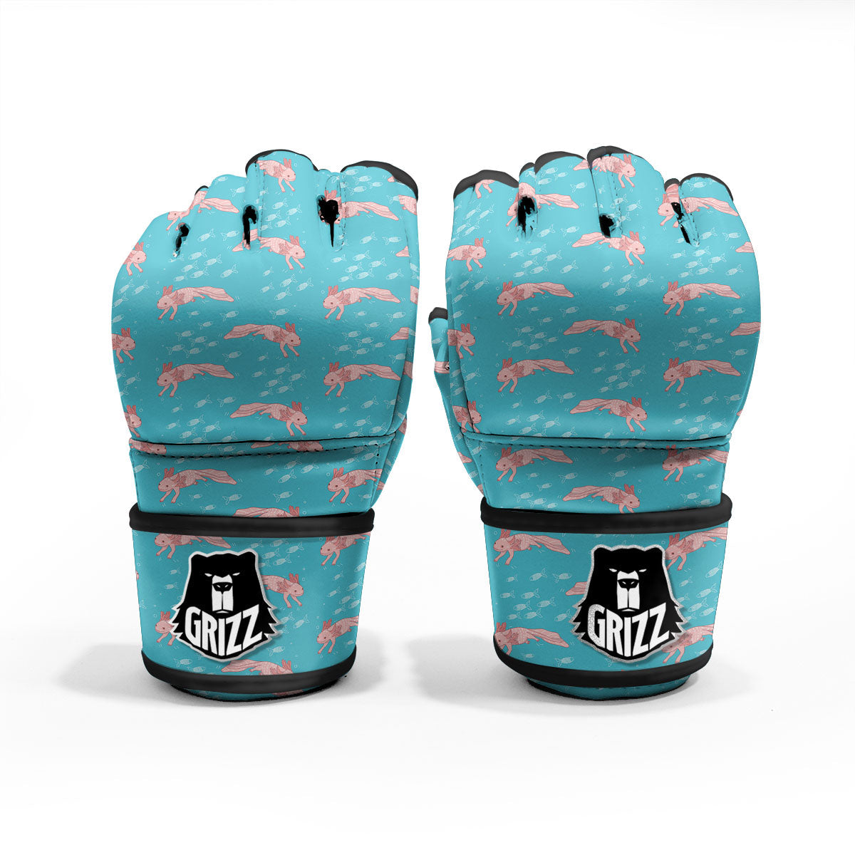 Pink Axolotl Teal Print Pattern MMA Gloves-grizzshop