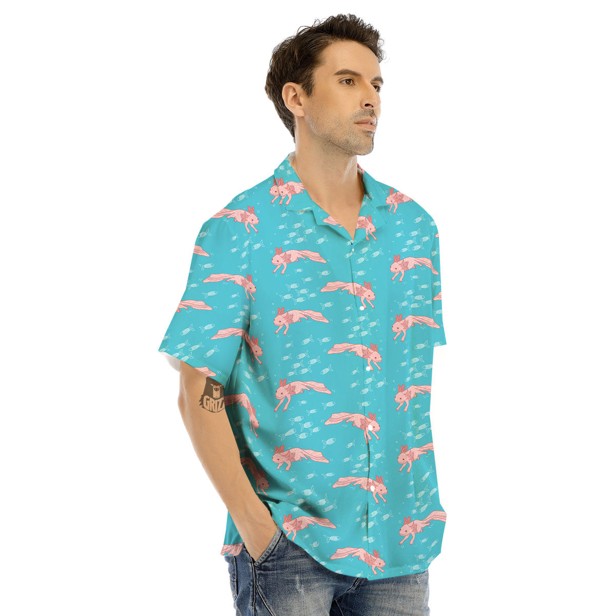 Pink Axolotl Teal Print Pattern Men's Hawaiian Shirt-grizzshop