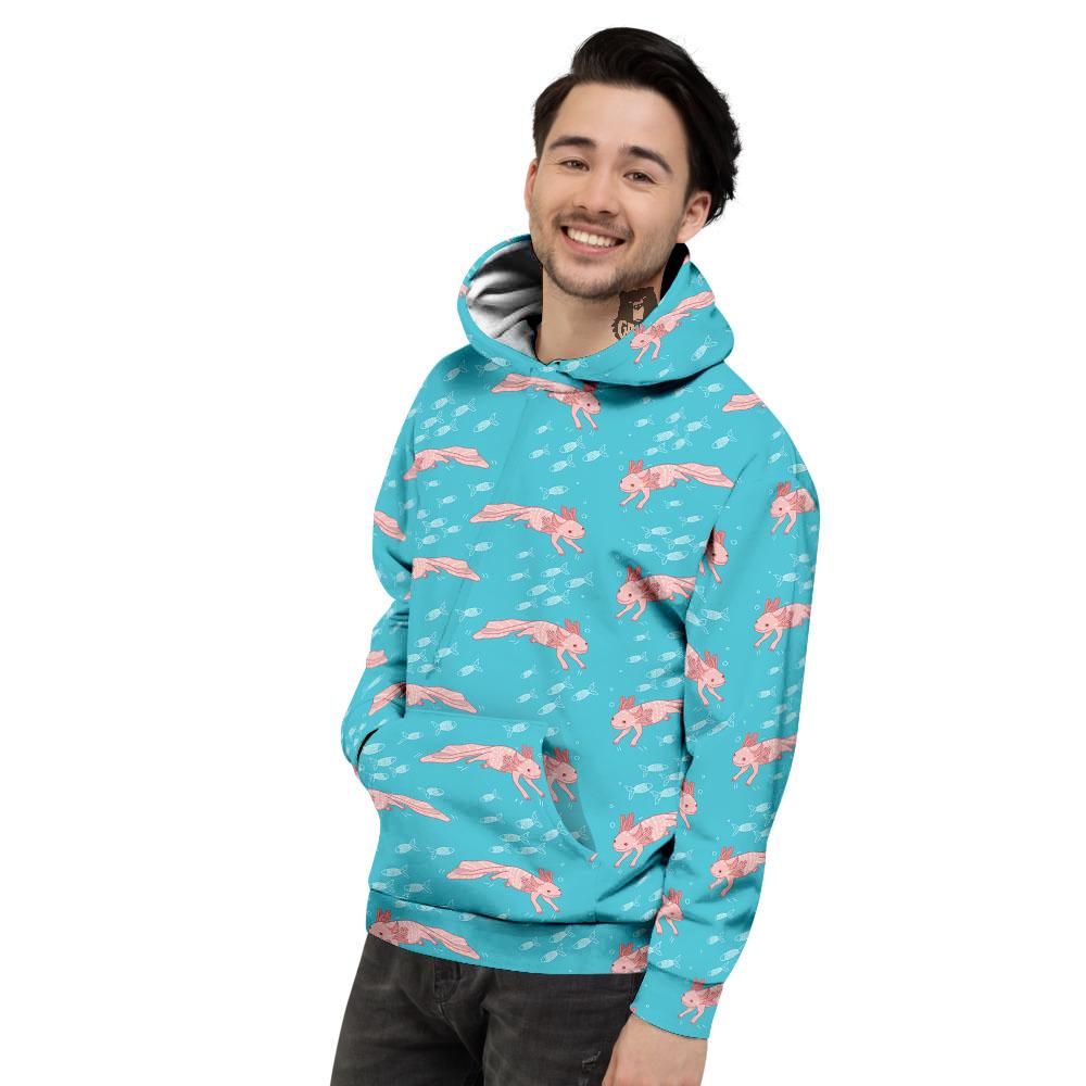 Pink Axolotl Teal Print Pattern Men's Hoodie-grizzshop
