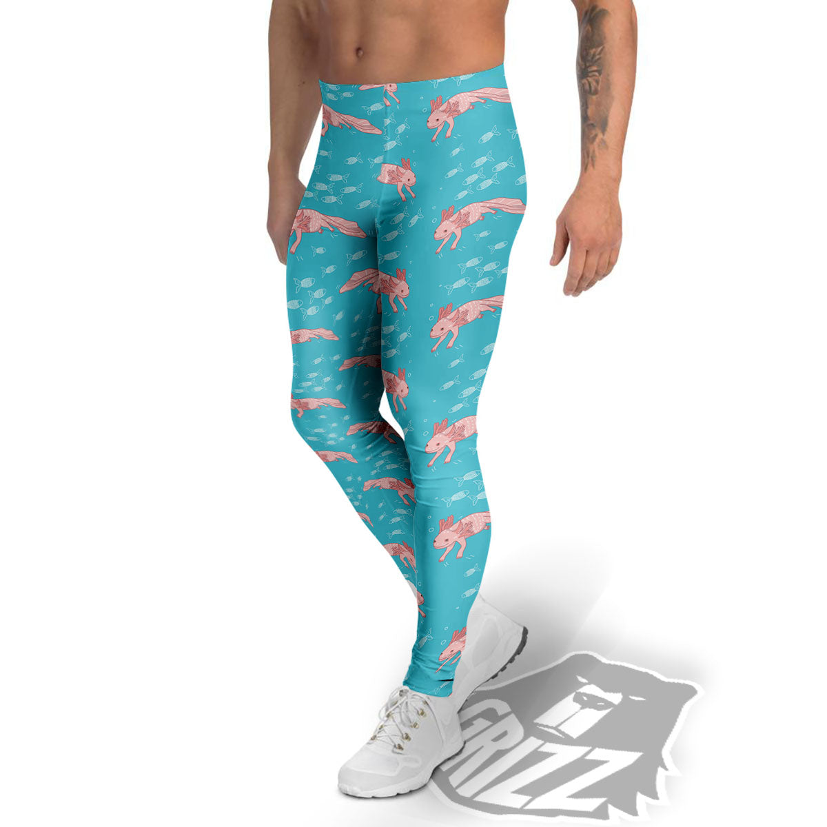 Pink Axolotl Teal Print Pattern Men's Leggings-grizzshop