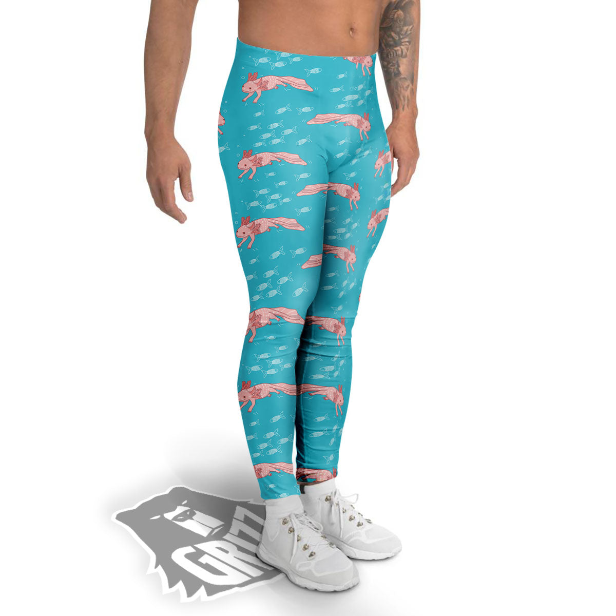 Pink Axolotl Teal Print Pattern Men's Leggings-grizzshop