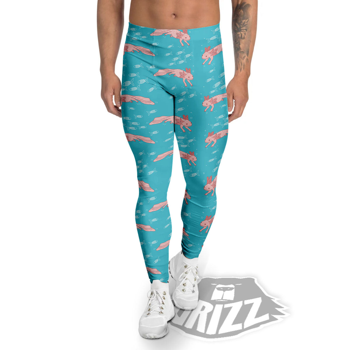 Pink Axolotl Teal Print Pattern Men's Leggings-grizzshop