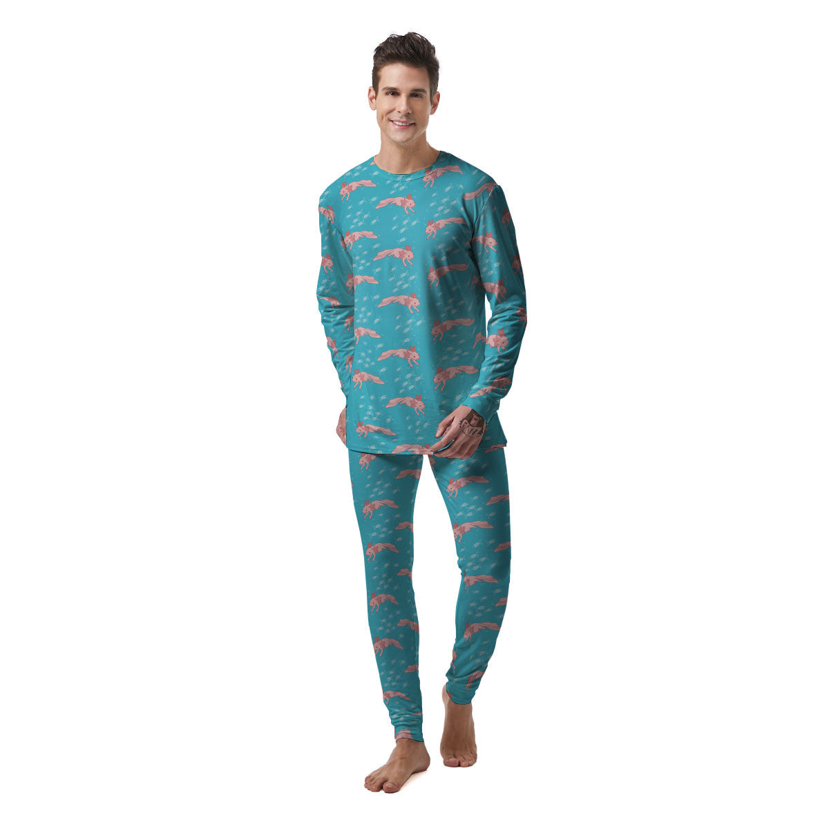 Pink Axolotl Teal Print Pattern Men's Pajamas-grizzshop