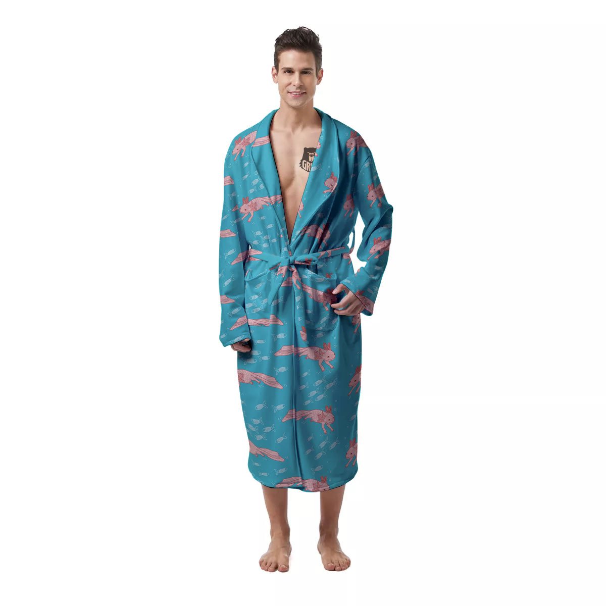 Pink Axolotl Teal Print Pattern Men's Robe-grizzshop