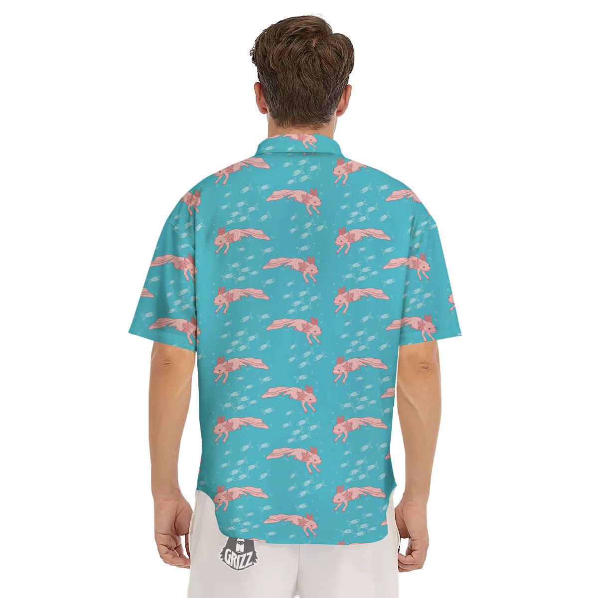 Pink Axolotl Teal Print Pattern Men's Short Sleeve Shirts-grizzshop