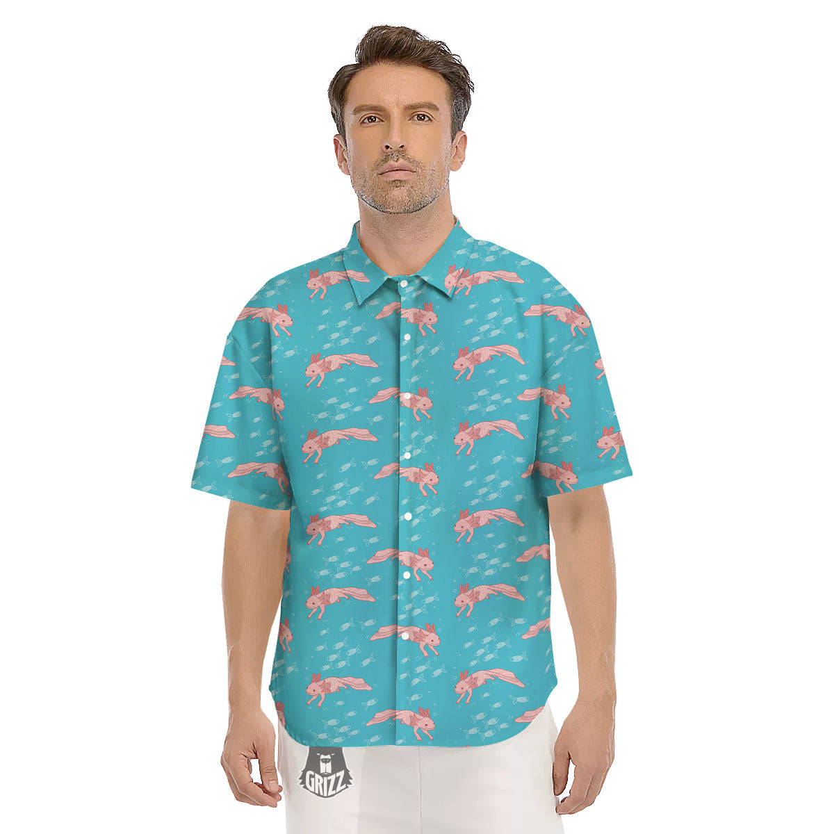 Pink Axolotl Teal Print Pattern Men's Short Sleeve Shirts-grizzshop