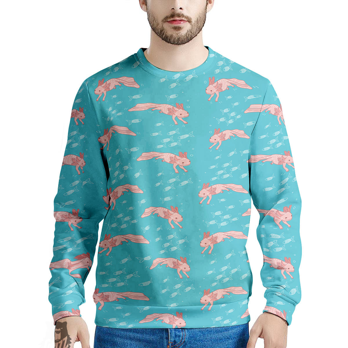 Pink Axolotl Teal Print Pattern Men's Sweatshirt-grizzshop