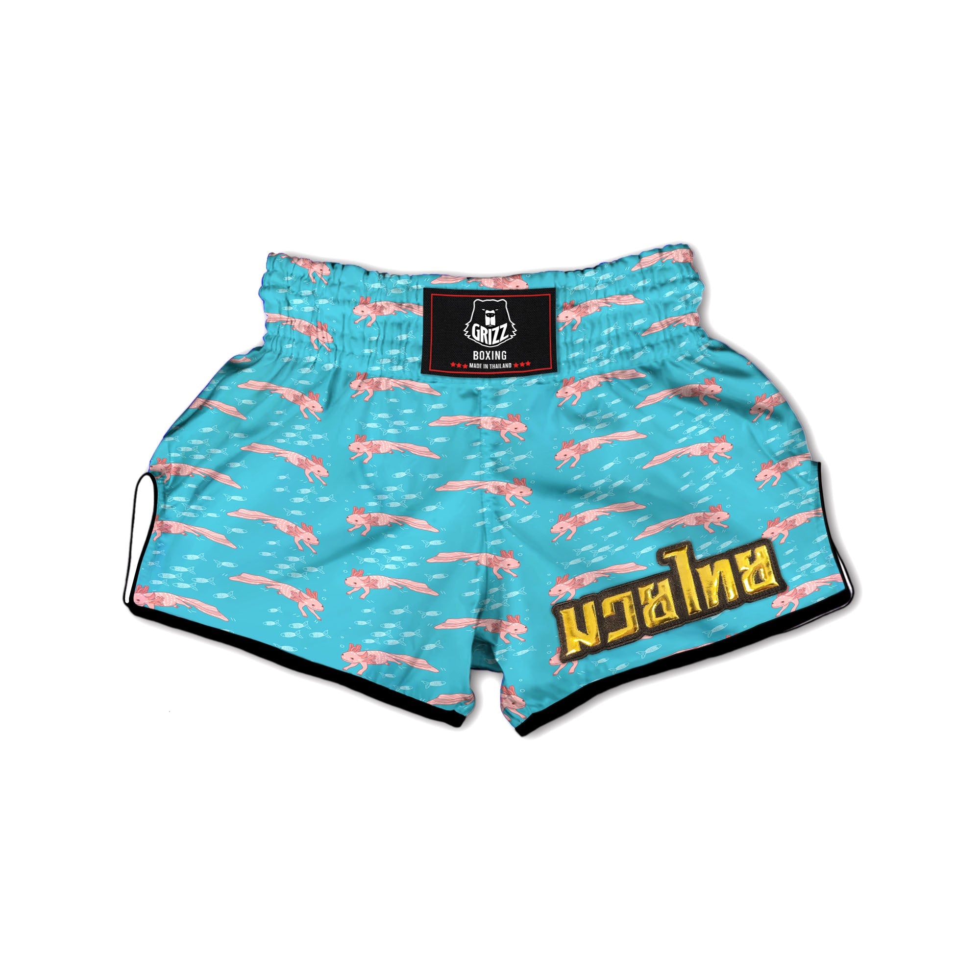 Pink Axolotl Teal Print Pattern Muay Thai Boxing Shorts-grizzshop