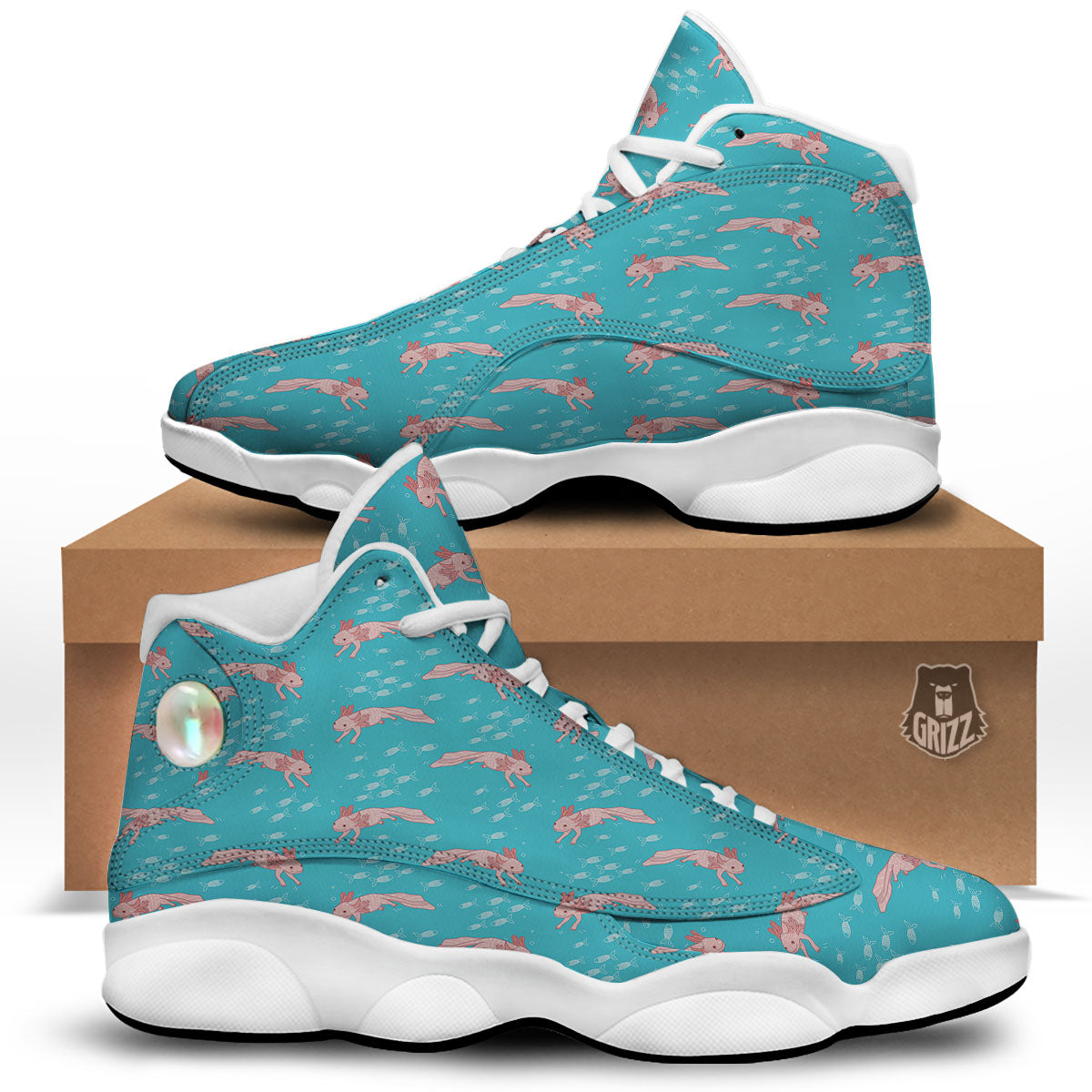 Pink Axolotl Teal Print Pattern White Basketball Shoes-grizzshop