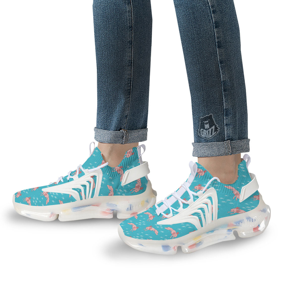 Pink Axolotl Teal Print Pattern White Gym Shoes-grizzshop
