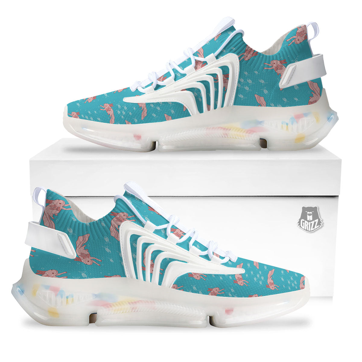 Pink Axolotl Teal Print Pattern White Gym Shoes-grizzshop