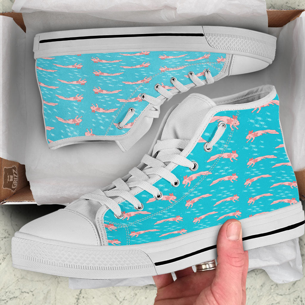 Pink Axolotl Teal Print Pattern White High Top Shoes-grizzshop
