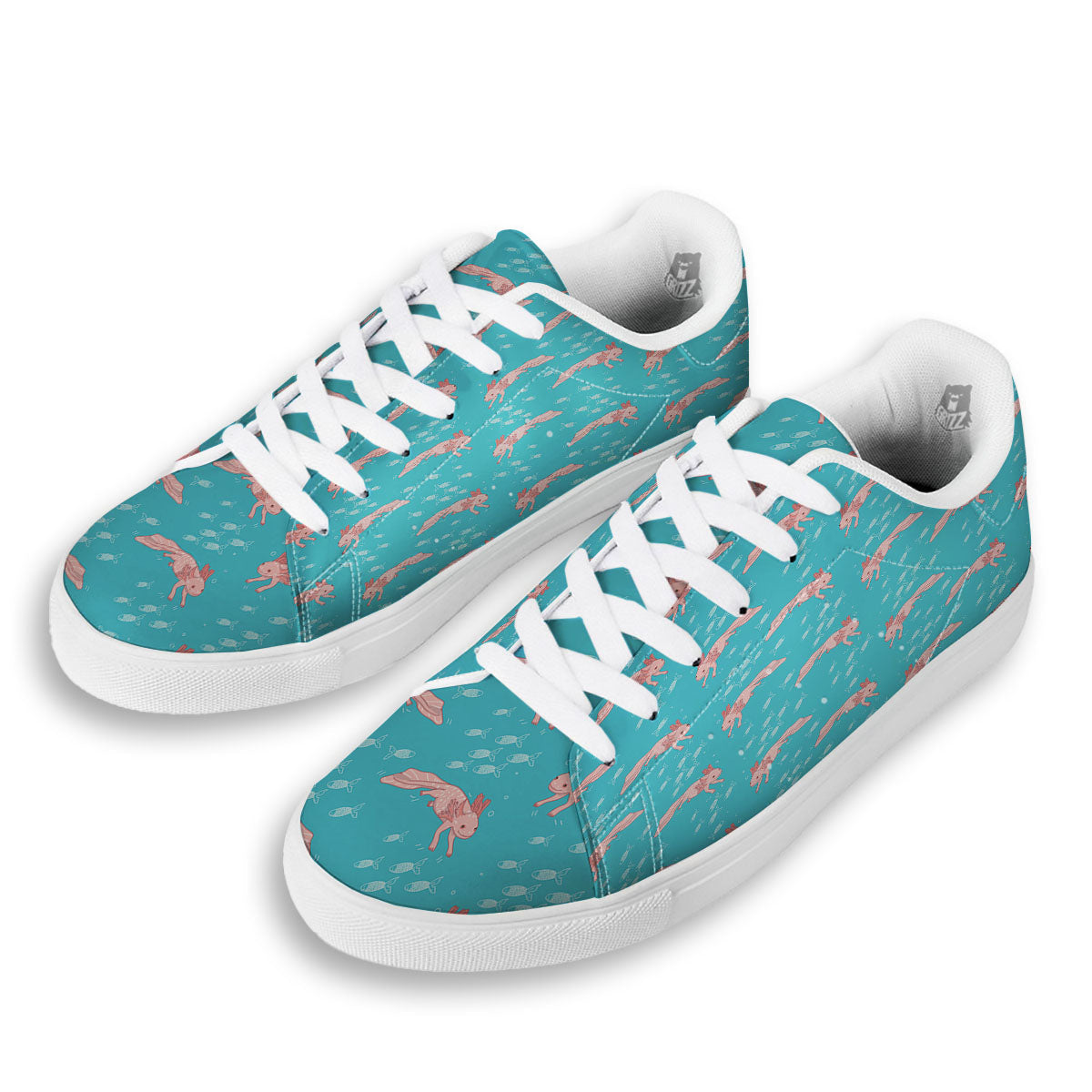 Pink Axolotl Teal Print Pattern White Low Top Sneakers-grizzshop