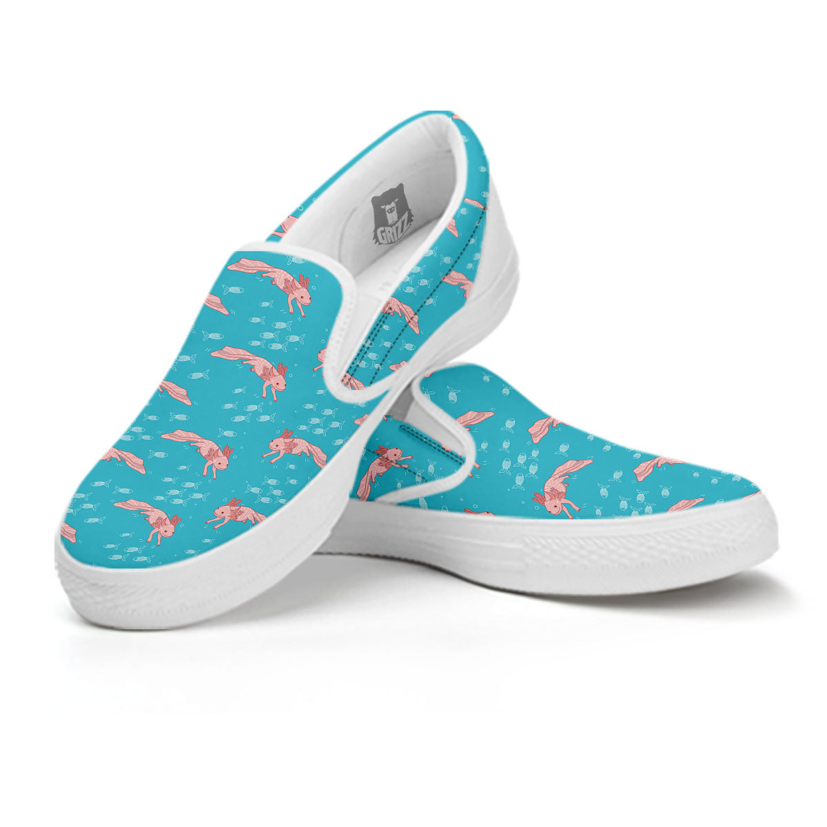 Pink Axolotl Teal Print Pattern White Slip On Shoes-grizzshop