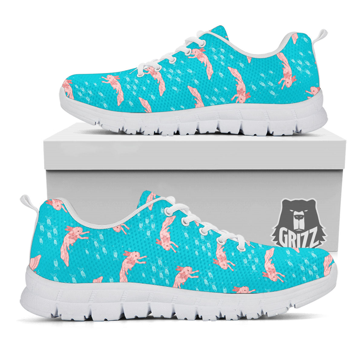 Pink Axolotl Teal Print Pattern White Sneaker-grizzshop