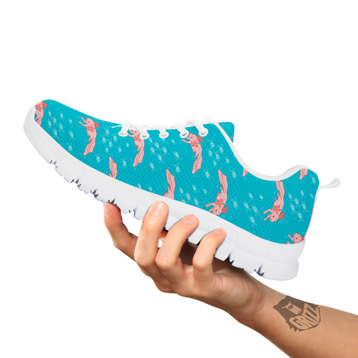Pink Axolotl Teal Print Pattern White Sneaker-grizzshop
