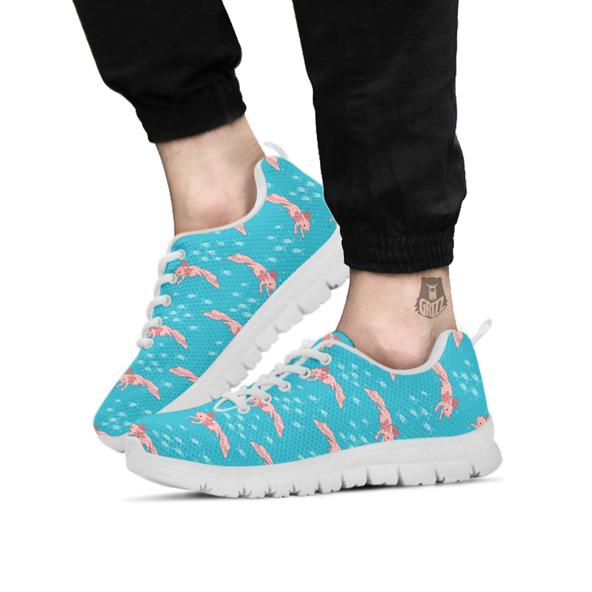 Pink Axolotl Teal Print Pattern White Sneaker-grizzshop