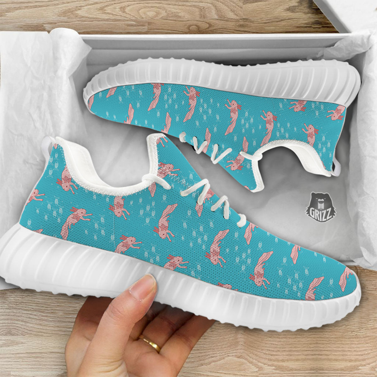 Pink Axolotl Teal Print Pattern White Walking Shoes-grizzshop