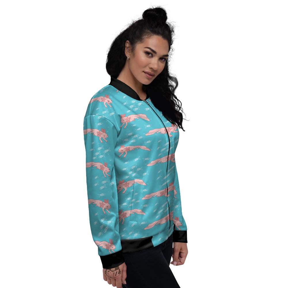 Pink Axolotl Teal Print Pattern Women's Bomber Jacket-grizzshop