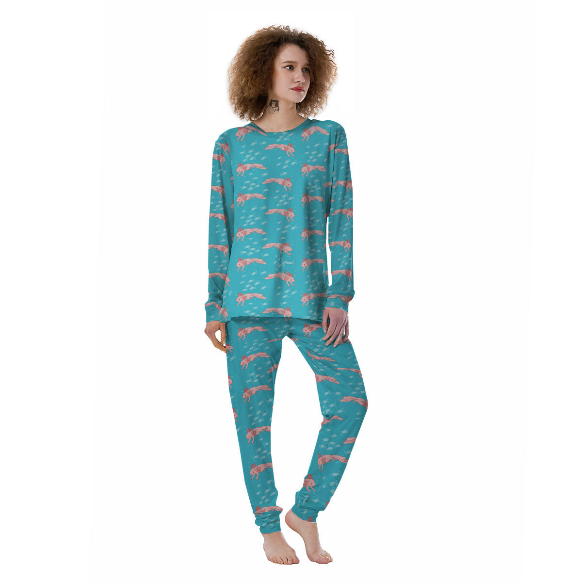 Pink Axolotl Teal Print Pattern Women's Pajamas-grizzshop