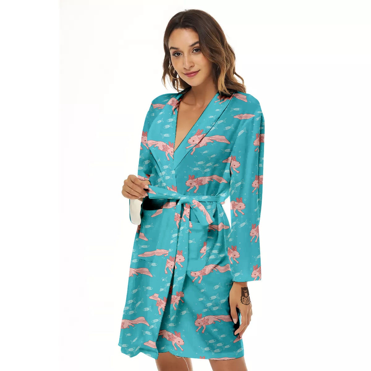 Pink Axolotl Teal Print Pattern Women's Robe-grizzshop