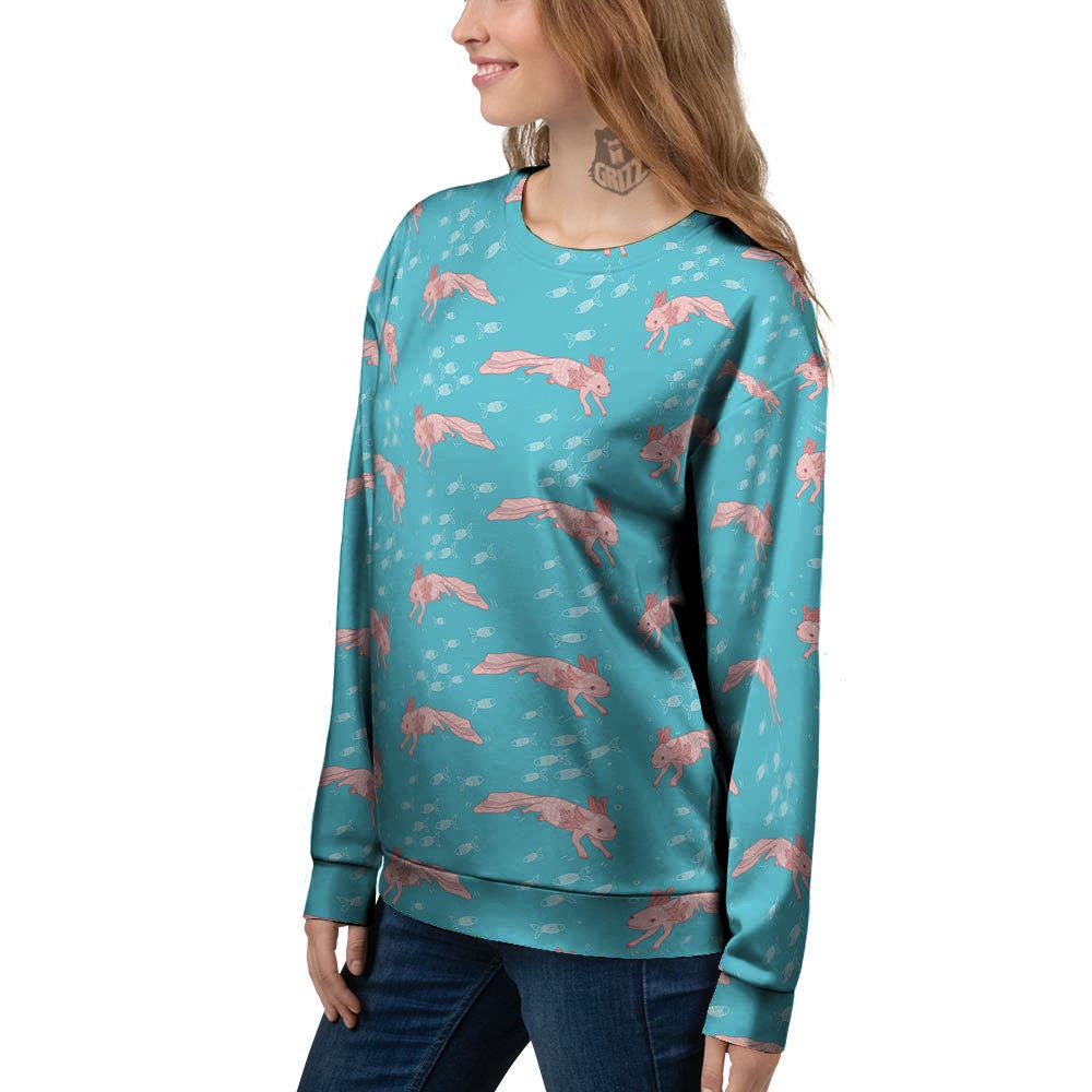 Pink Axolotl Teal Print Pattern Women's Sweatshirt-grizzshop