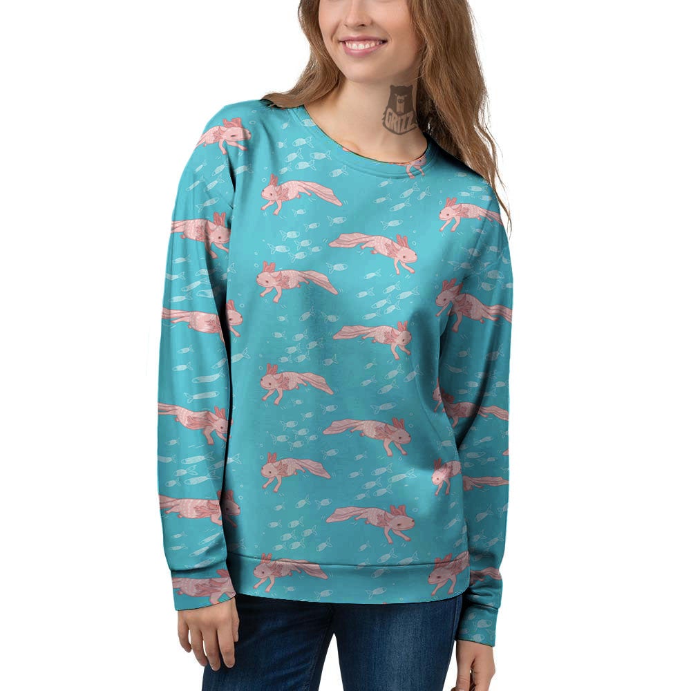 Pink Axolotl Teal Print Pattern Women's Sweatshirt-grizzshop