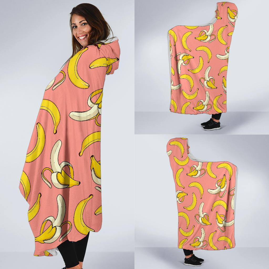 Pink Banana Pattern Print Hooded Blanket-grizzshop