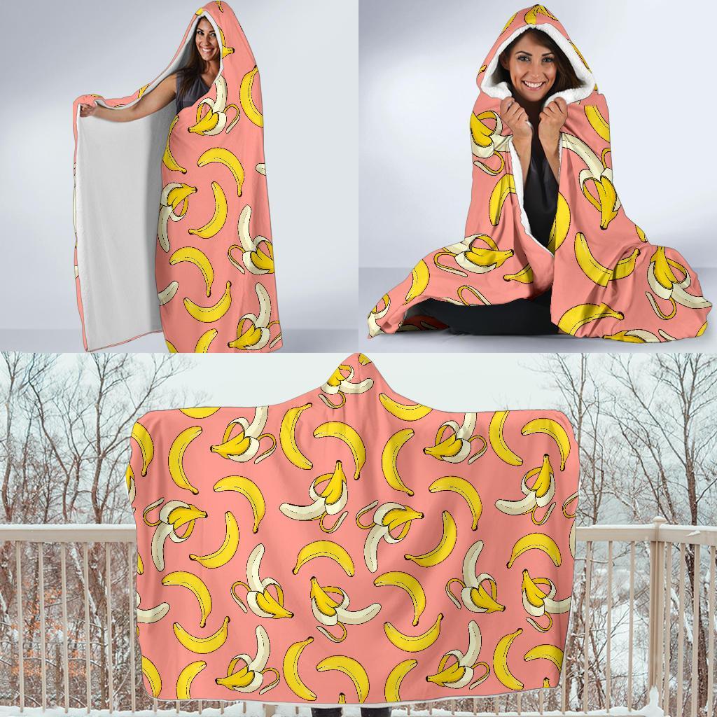 Pink Banana Pattern Print Hooded Blanket-grizzshop