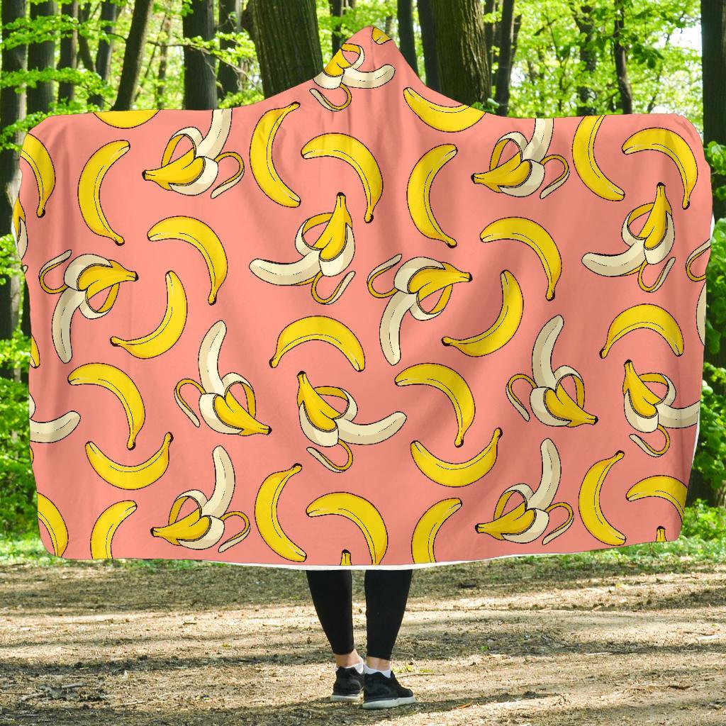 Pink Banana Pattern Print Hooded Blanket-grizzshop