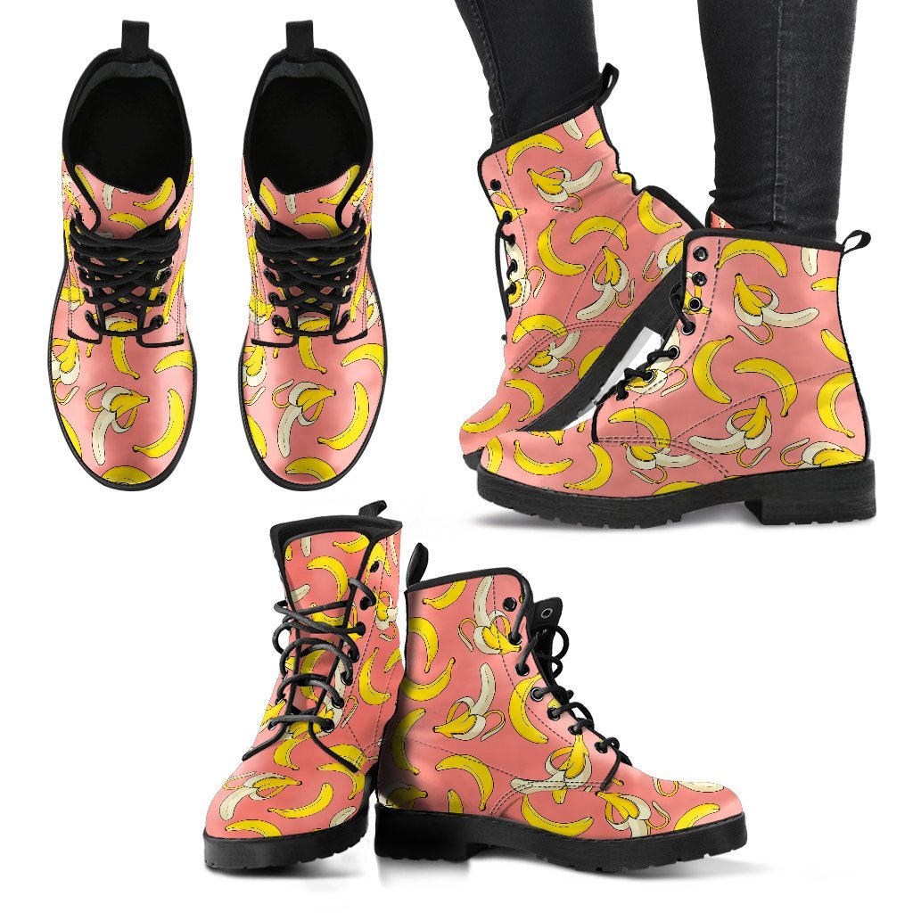 Pink Banana Pattern Print Men Women Leather Boots-grizzshop