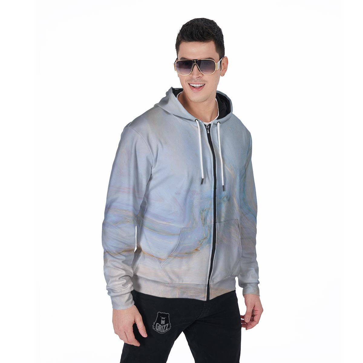 Pink Beige Marble Men's Zip Up Hoodie-grizzshop