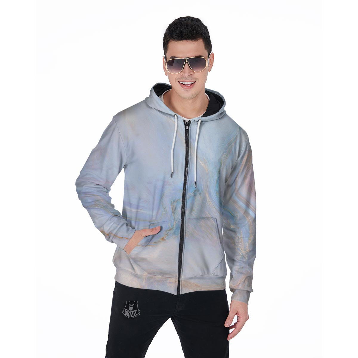 Pink Beige Marble Men's Zip Up Hoodie-grizzshop