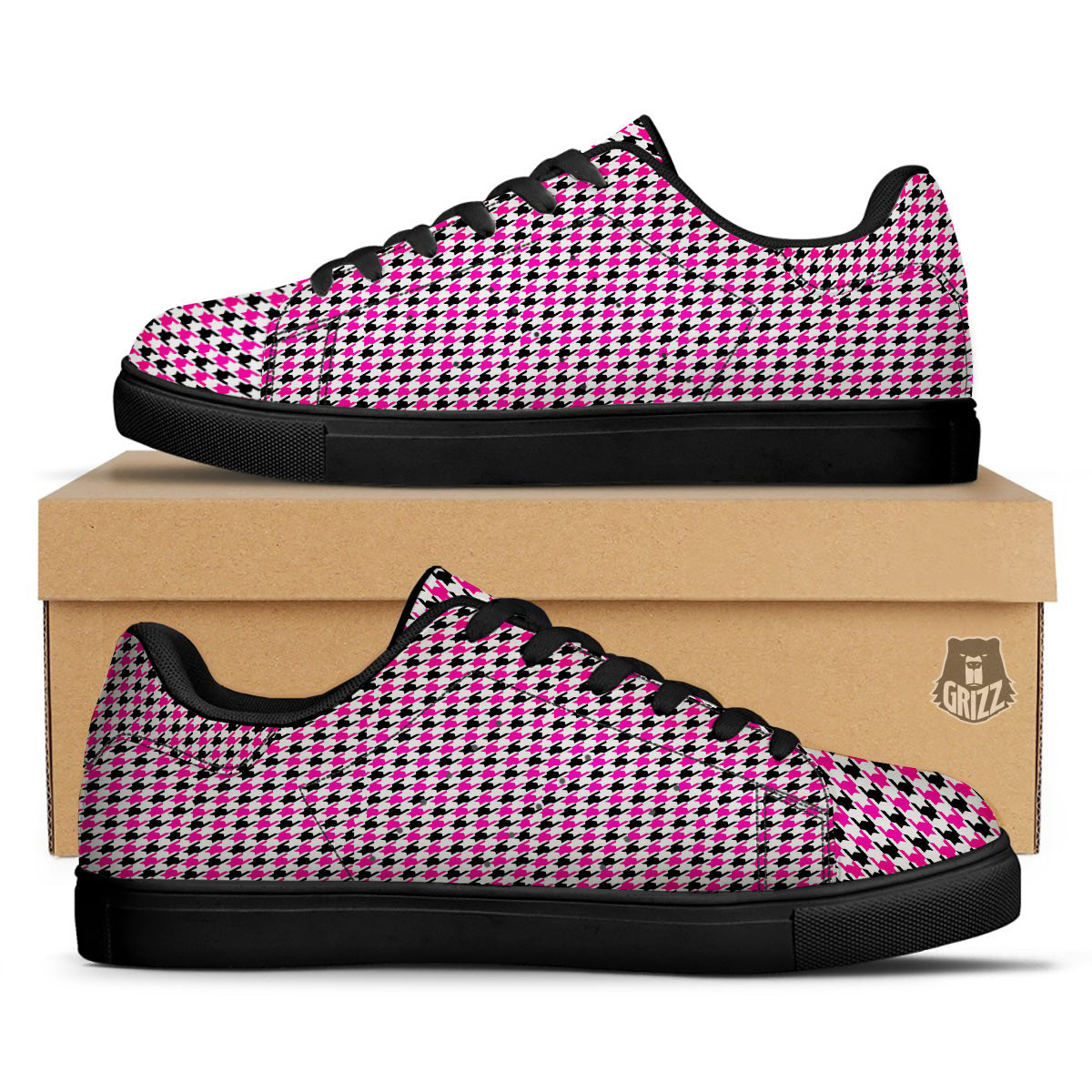 Pink Blac And White Houndstooth Print Black Low Top Sneakers-grizzshop