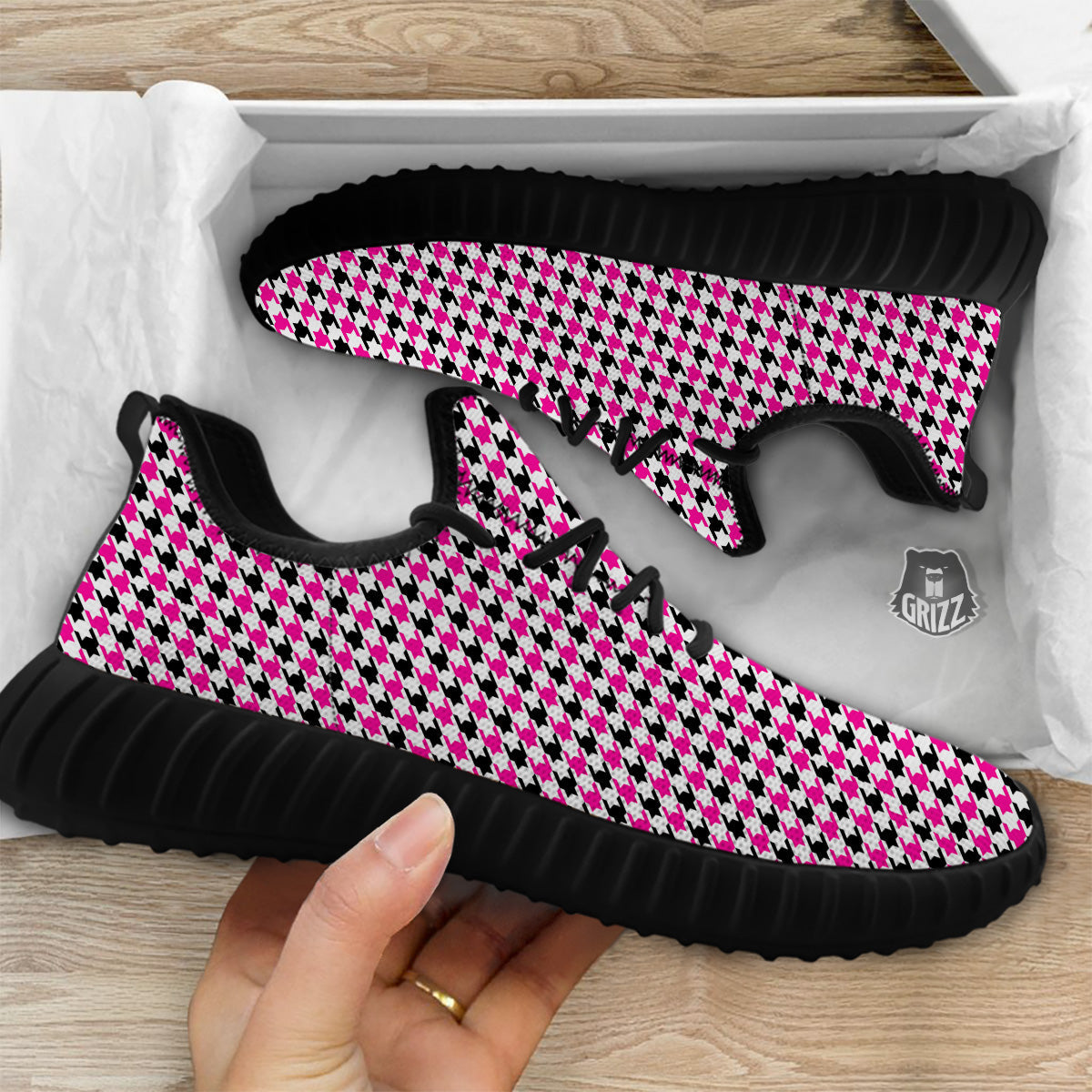 Pink Blac And White Houndstooth Print Black Walking Shoes-grizzshop
