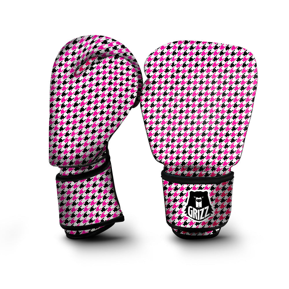 Pink Blac And White Houndstooth Print Boxing Gloves-grizzshop
