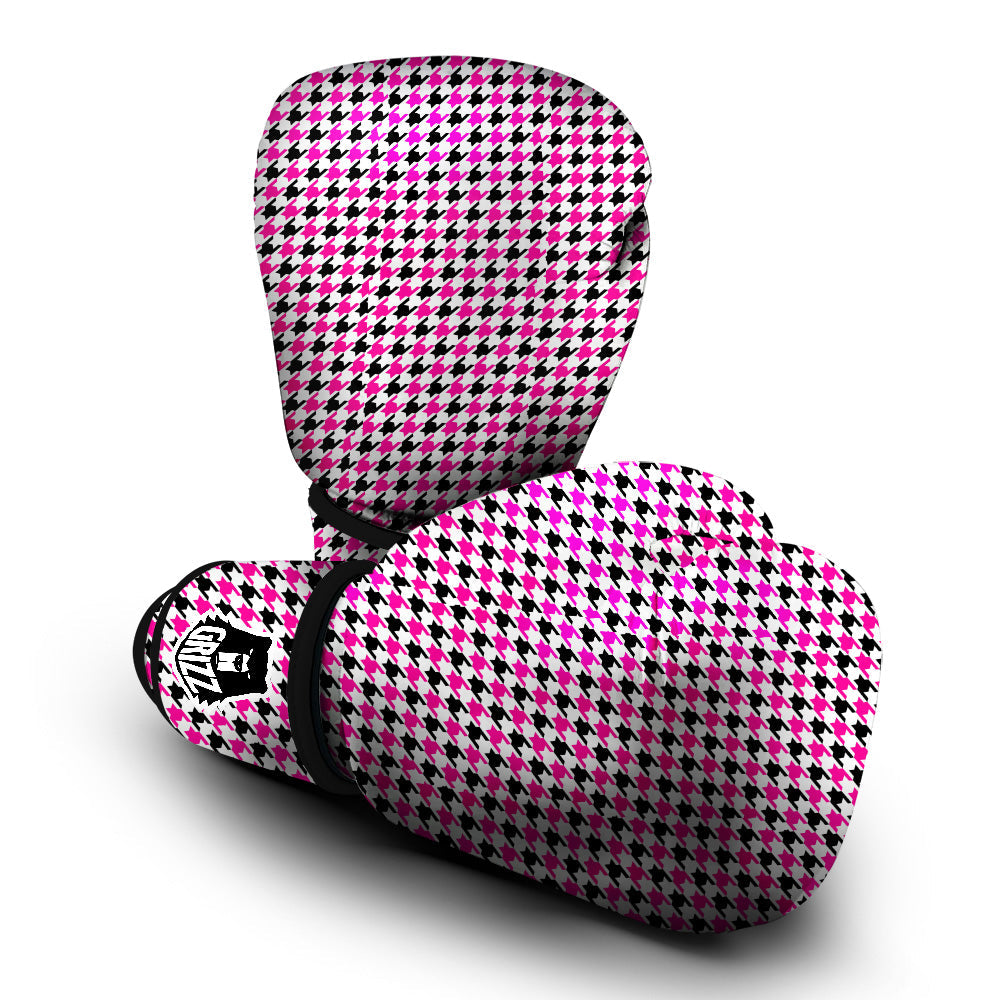 Pink Blac And White Houndstooth Print Boxing Gloves-grizzshop