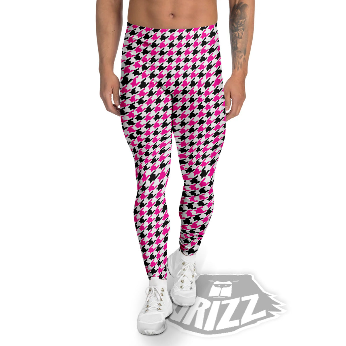 Pink Blac And White Houndstooth Print Men's Leggings-grizzshop
