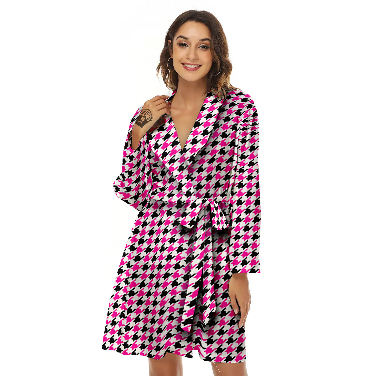 Pink Blac And White Houndstooth Print Women's Robe-grizzshop