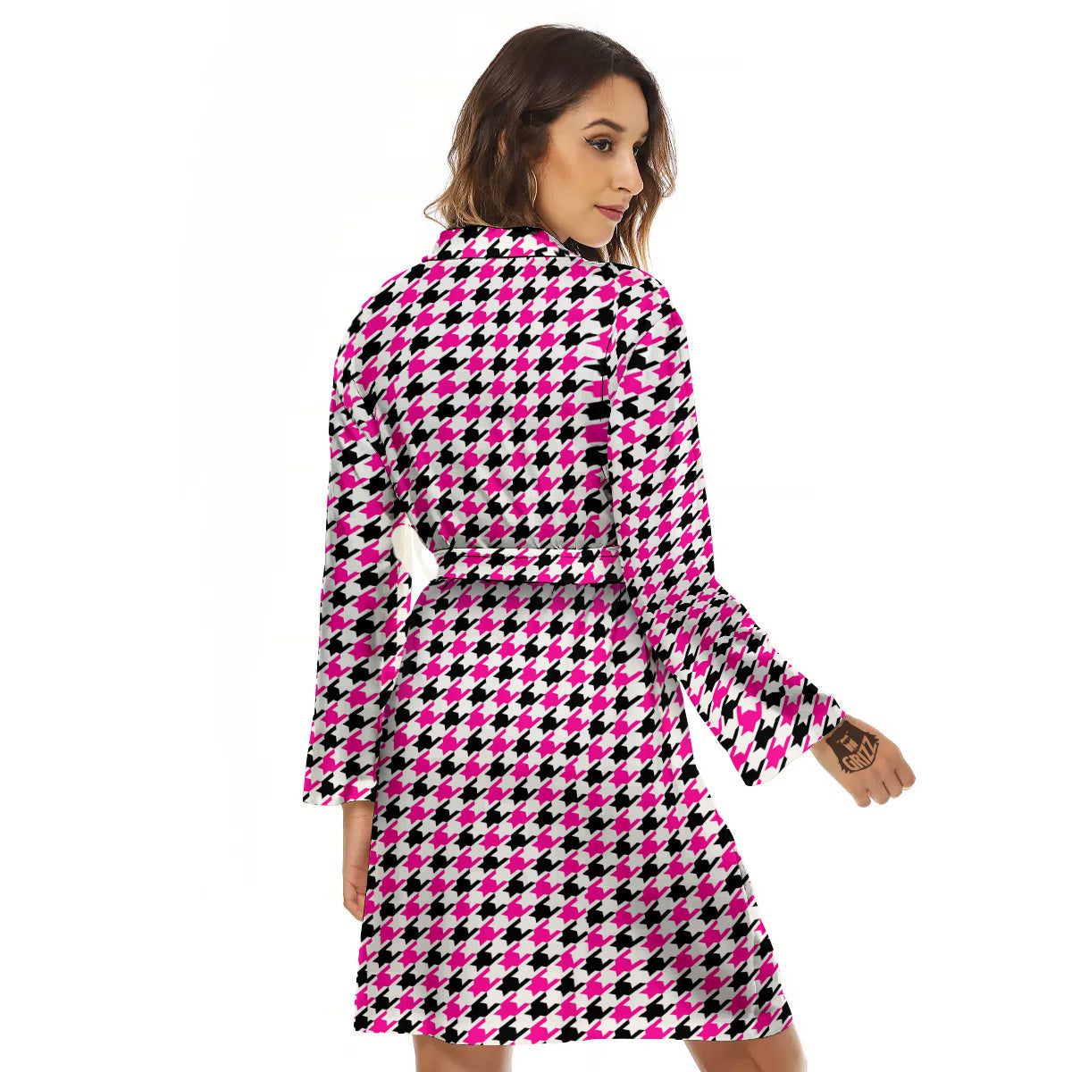 Pink Blac And White Houndstooth Print Women's Robe-grizzshop