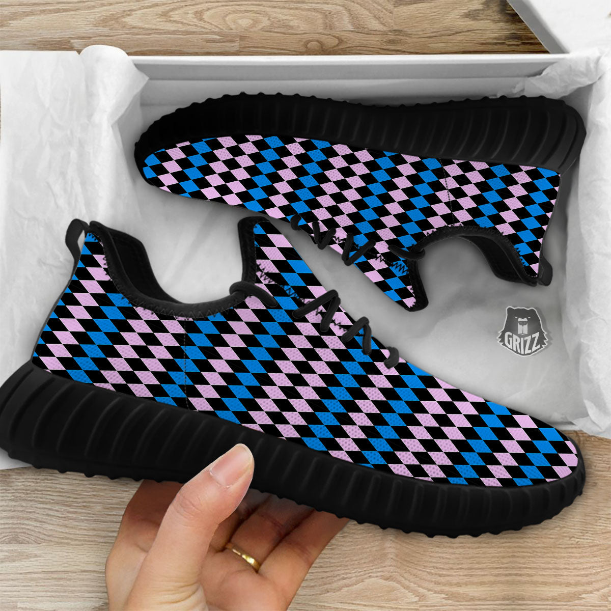 Pink Black And Blue Argyle Print Pattern Black Walking Shoes-grizzshop