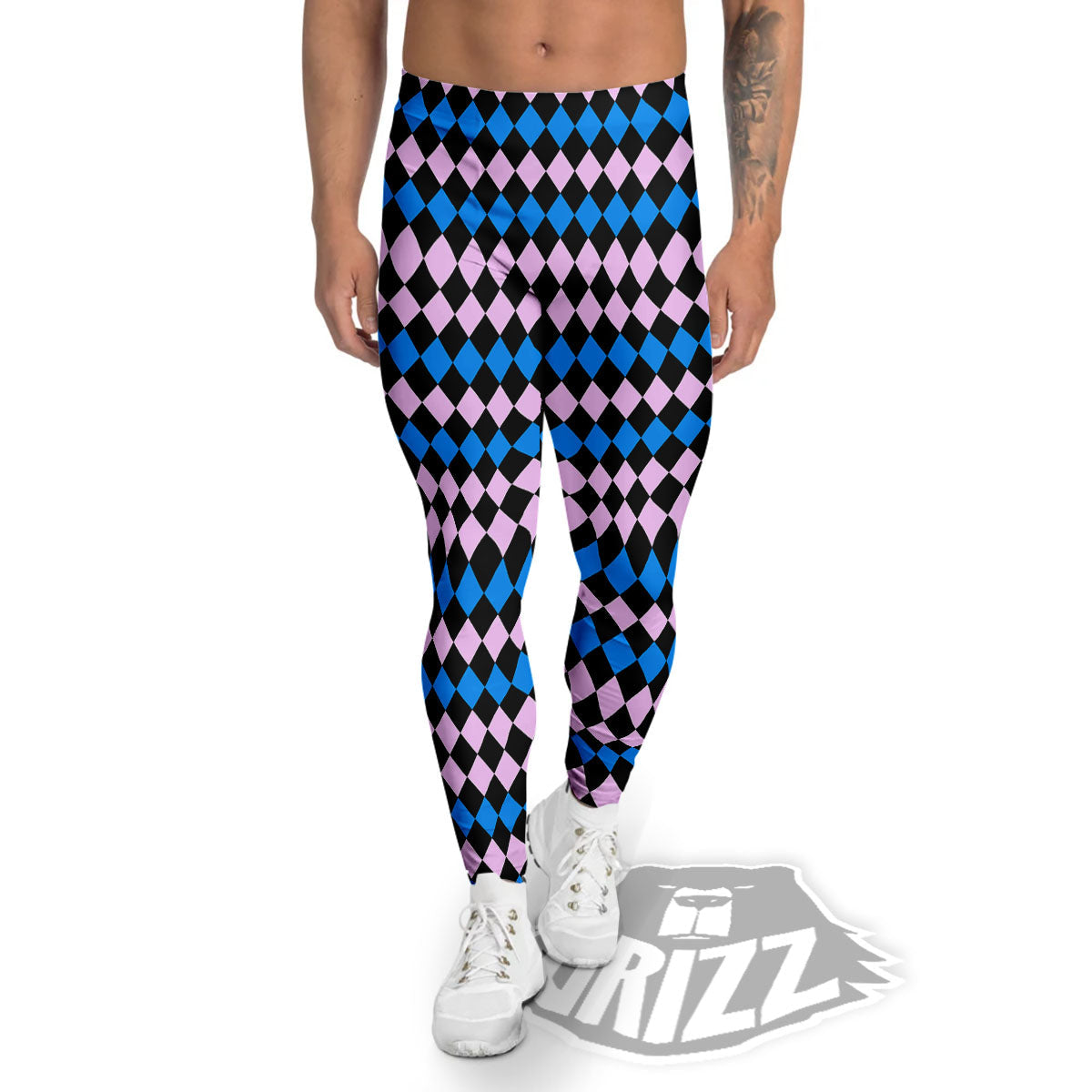 Pink Black And Blue Argyle Print Pattern Men's Leggings-grizzshop